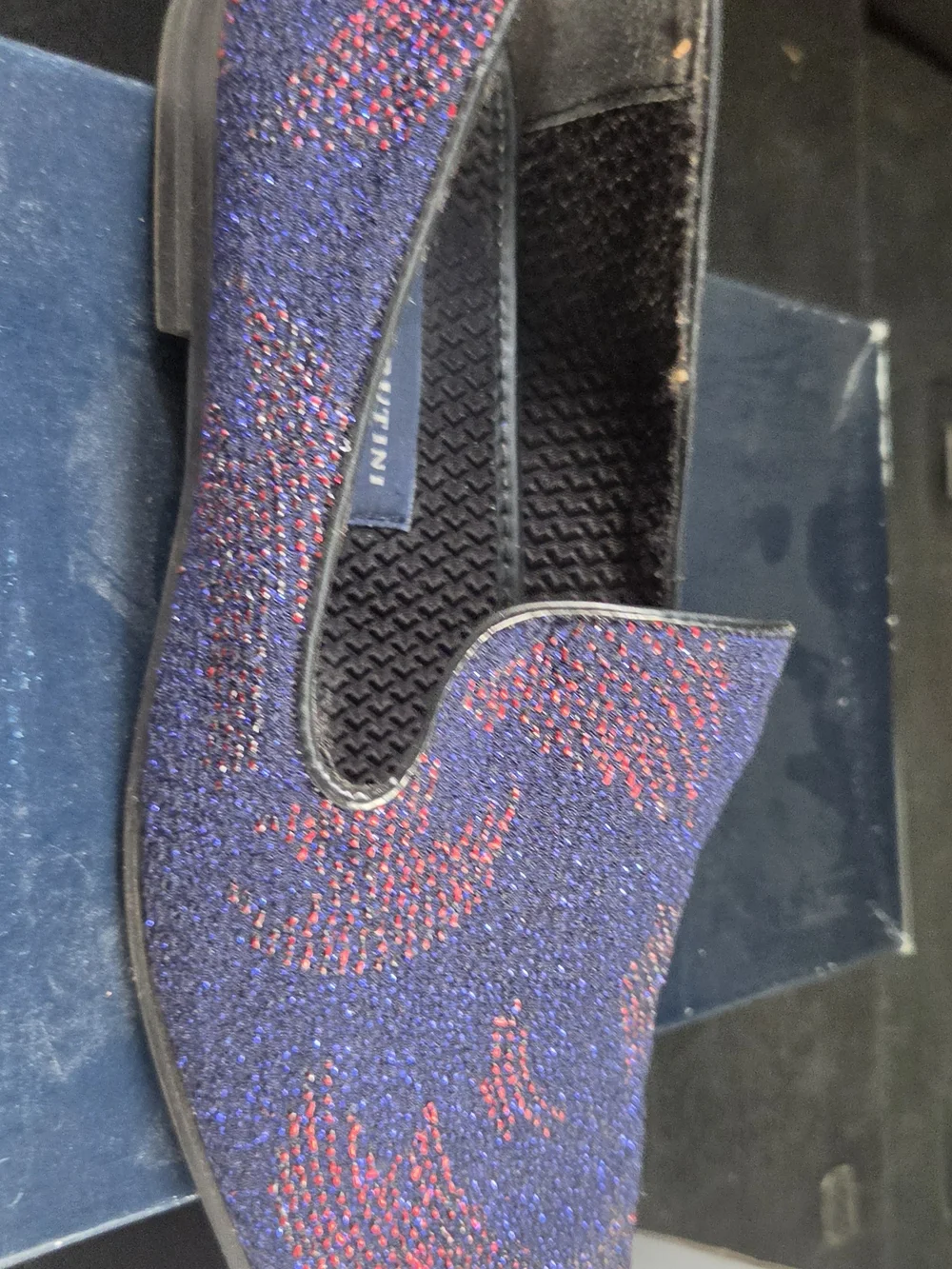 Giorgio Brutini Navy Glitter Slip-On Loafers with Red Sparkle